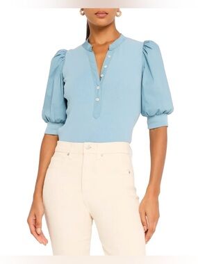 Veronica Beard Coralee Puff Sleeve Mixed Media Henley Top Shirt Lake Blue, Small